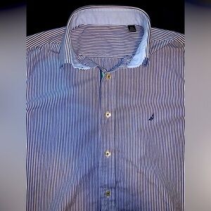NAUTICA | Nice Dress Shirt | White & Blue Striped | Green & White ribbon design